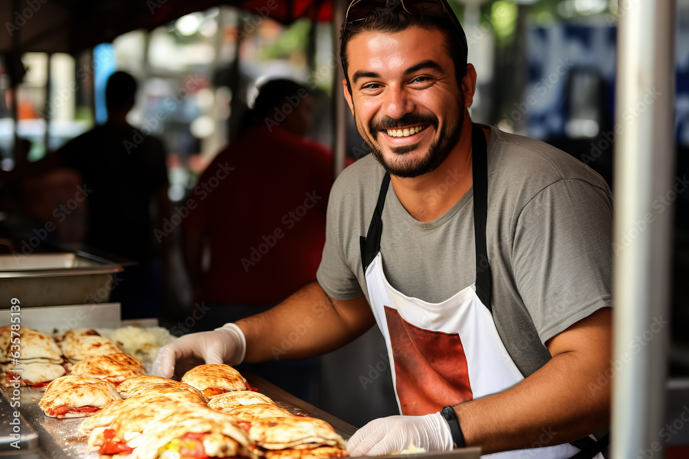 Street food vendor making sandwiches with a smile 