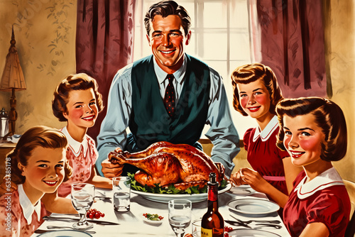 Vintage drawing of a 1950s family gathered around the dinner table for Thanksgiving 