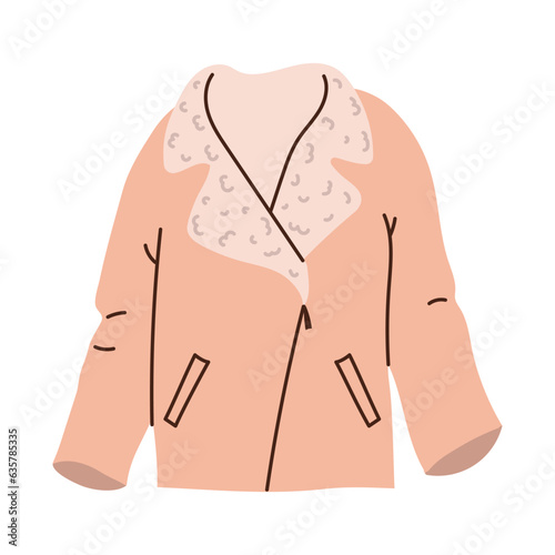 Isolated pink female sheepskin coat with fur collar in flat style on white background. Warm clothes