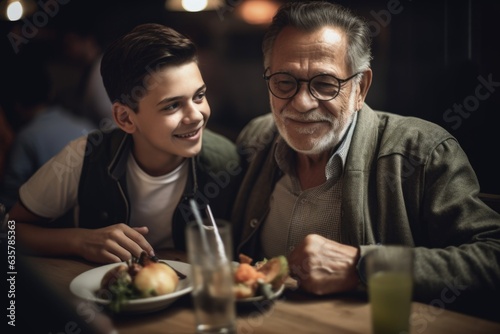 A happy adult child and their elder father sharing a meal together at a restaurant. Dining area, reflecting their appreciation for good food and quality time spent together. Generative AI