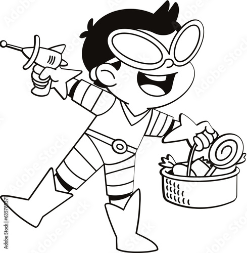 Cute boy wearing robot costume holding lollipops, coloring page outline illustration