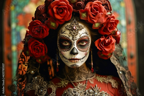Femme déguisée avec le visage maquillé en tête de mort - Halloween - Générative IA