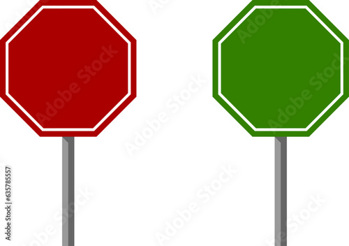 Red and Green Blank Stop Traffic Octagon Sign or Adblock or Do Not Enter or Forbidden Icon Set with Pole. Vector Image.