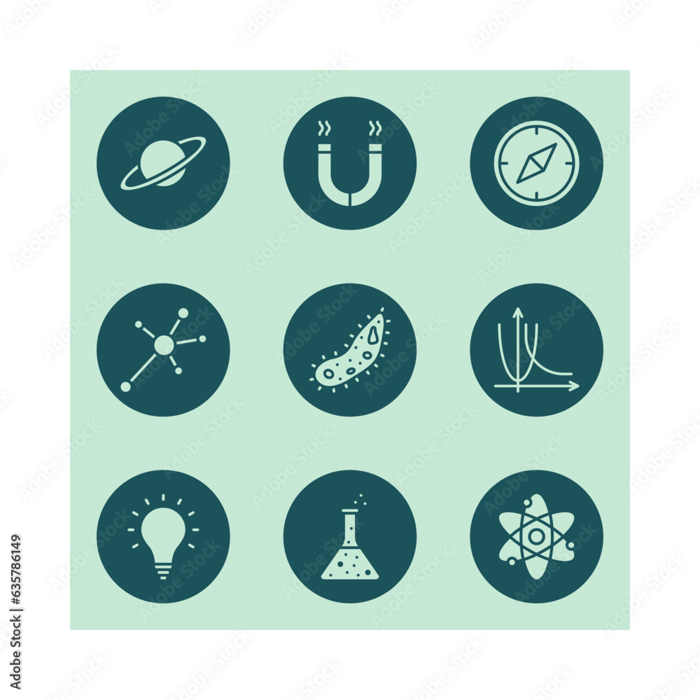 Science concept flat line icons set. Idea of education and innovation. Simple flat vector illustration for store, web site or mobile app. Science concept flat line icons set. Idea of education and innovation. Simple flat vector illustration for store, web site or mobile app.