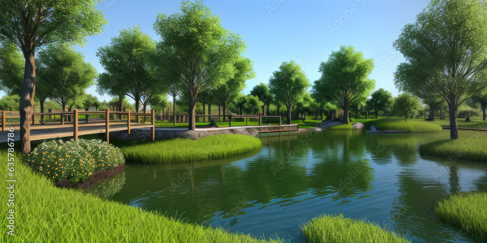 Photorealistic 3d illustration beautiful green park environment assortment scenic spots