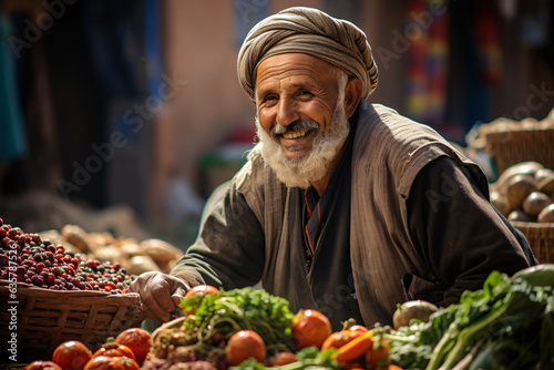 An elderly man wearing old clothes and turban smiling while selling fresh vegetables and fruits in an outdoor local market  