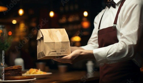 Customer service: Worker hands order to patron, ensuring a delightful restaurant visit. Generative AI © Muhammad Shoaib