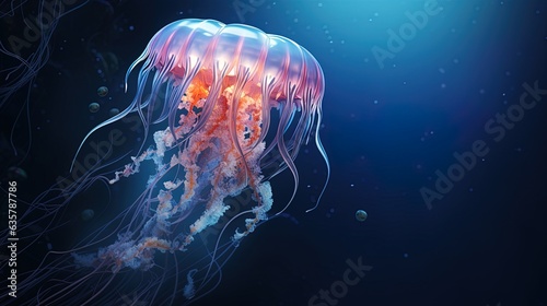 Big jellyfish in the depths of the sea, neon. AI generation