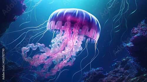 Big jellyfish in the depths of the sea, neon. AI generation © MiaStendal