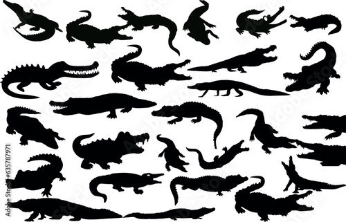alligators and crocodiles in various poses and sizes. The silhouettes are arranged in a random pattern on a white background. The illustration is suitable for wildlife, nature, and education projects.