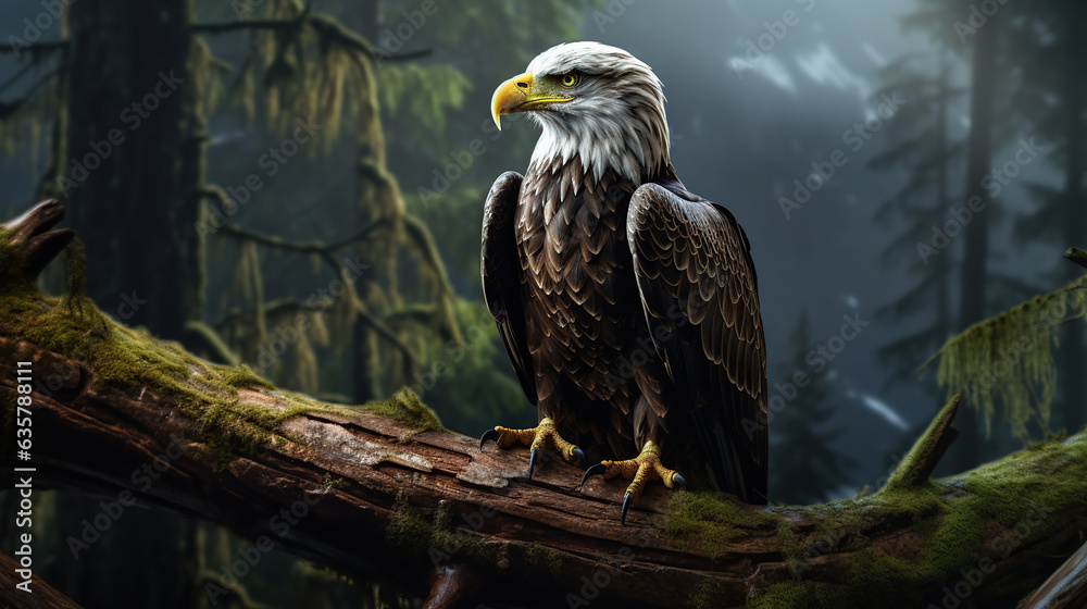 A bald eagle sitting on a branch of a tree in the deep jungle. A bald eagle sitting on a branch of a tree in the deep jungle.