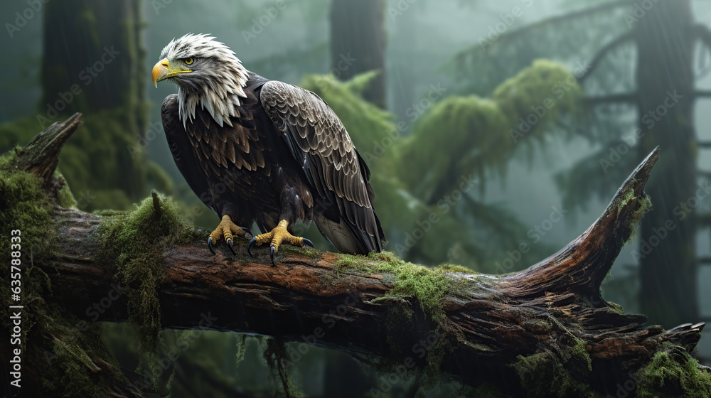 A bald eagle sitting on a branch of a tree in the deep jungle. A bald eagle sitting on a branch of a tree in the deep jungle.