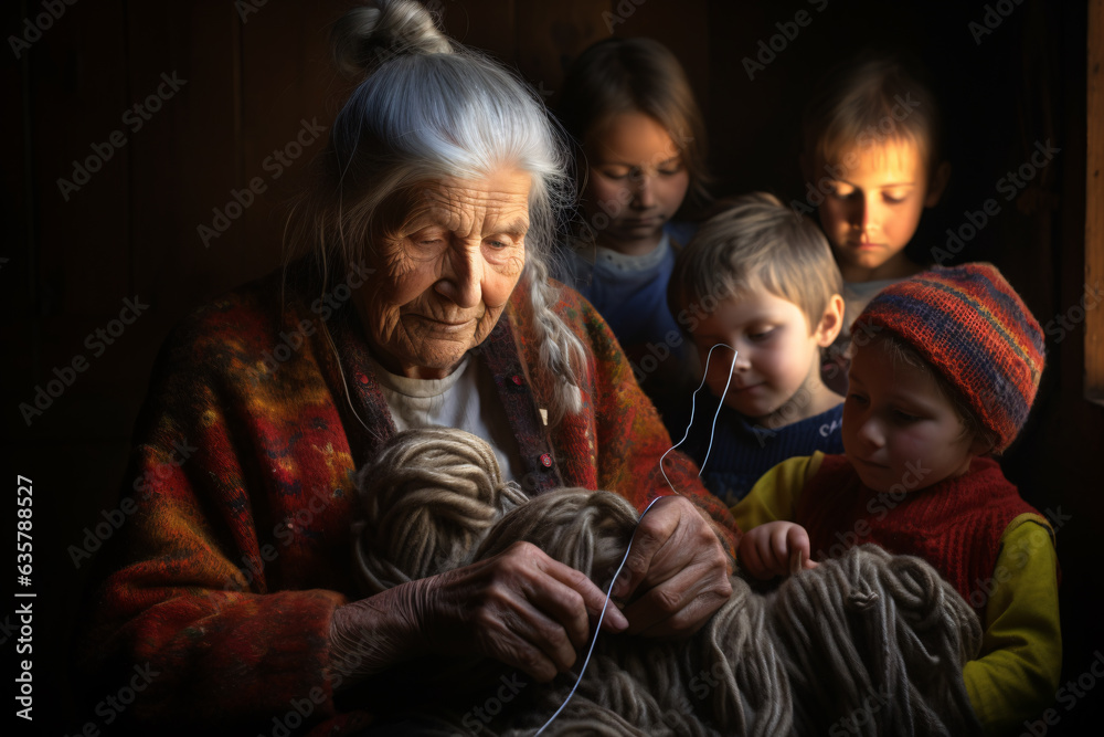 Fototapeta premium An East European grandma working on knitting yarn with grandkids
