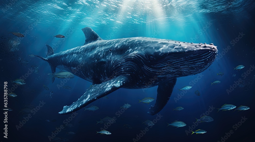Big lonely whale in the depths of the sea. AI generation