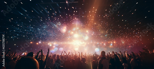 Huge dance floor in a big hall in the nightclub. Colored bright lights from the stage. Crowd of thousands of young people standing in awe, having fun. Above them are spot lights. Generative AI