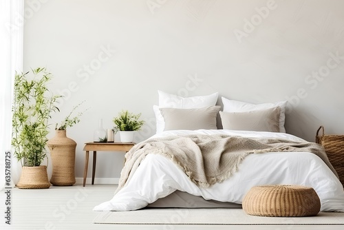 Home mockup, bedroom interior background with rattan furniture and poster frames, coastal style. generative AI