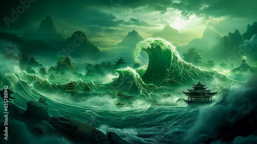 Fantastical Jade Sea With Giant Waves And Ancient Chinese Temples. Surreal Asian Landscape. Generative AI photo