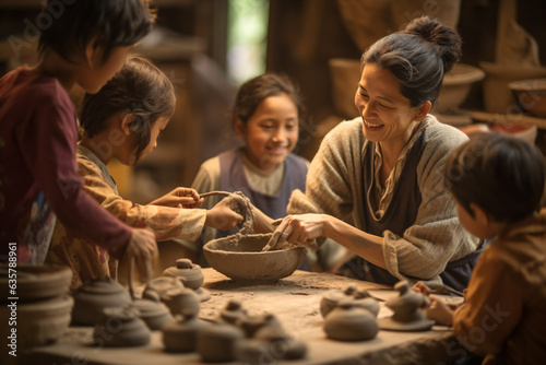 Kids and a middle age Asian woman happily making pottery in clay workshop in an indoor