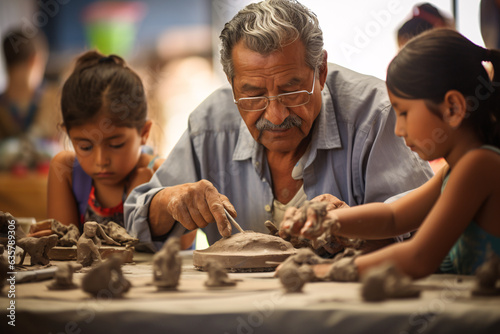 A latino senior old man making clay pottery with children in an indoor workshop in the afternoon sunny day