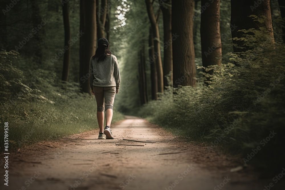A young woman walking on a dirt road in a dark forest. A young woman walking on a dirt road in a dark forest.