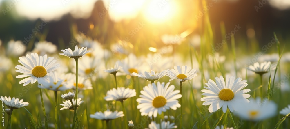 Daisy flowers field at sunset background. Generative AI technology.