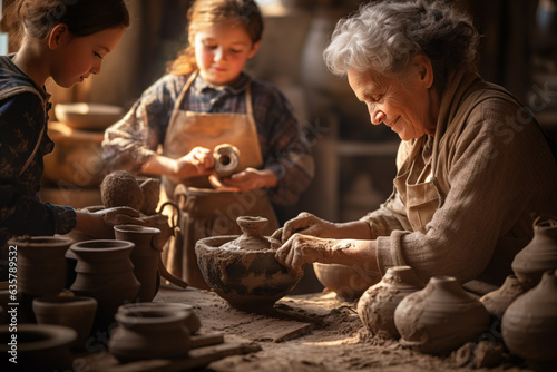 A Caucasian senior old woman working on pottery in work shop with kids  old woman in clay art classes 