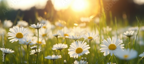 Daisy flowers field at sunset background. Generative AI technology.