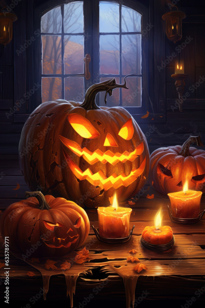 Fototapeta premium halloween pumpkin. illustration of a jack on the background of the window and the moon. orange and black. scary and cute grin, smile