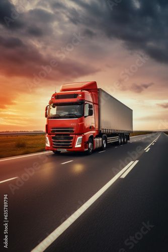 Loaded European truck on motorway in red, orange sunset light. On the road transportation and cargo.