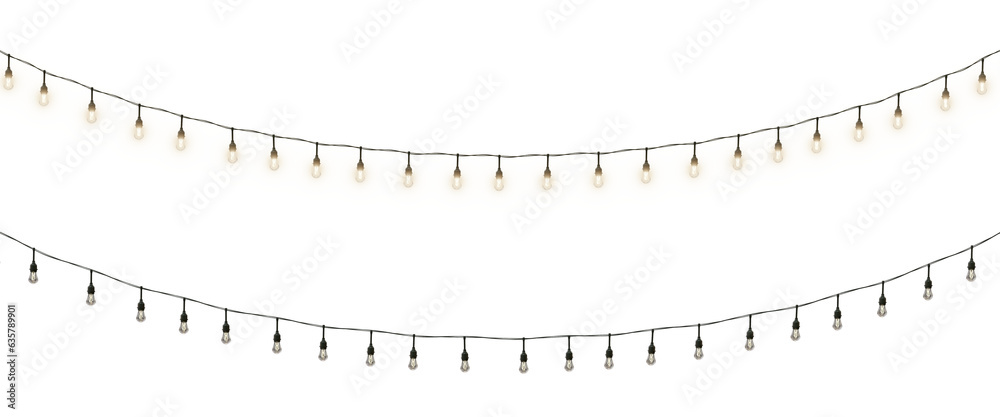 Isolated Christmas garland on a transparent background. Shining yellow light bulbs with sparkles. Suitable for Xmas, New Year, wedding, or birthday decorations. Perfect for party event decor. PNG