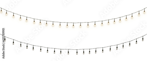 Isolated Christmas garland on a transparent background. Shining yellow light bulbs with sparkles. Suitable for Xmas, New Year, wedding, or birthday decorations. Perfect for party event decor. PNG