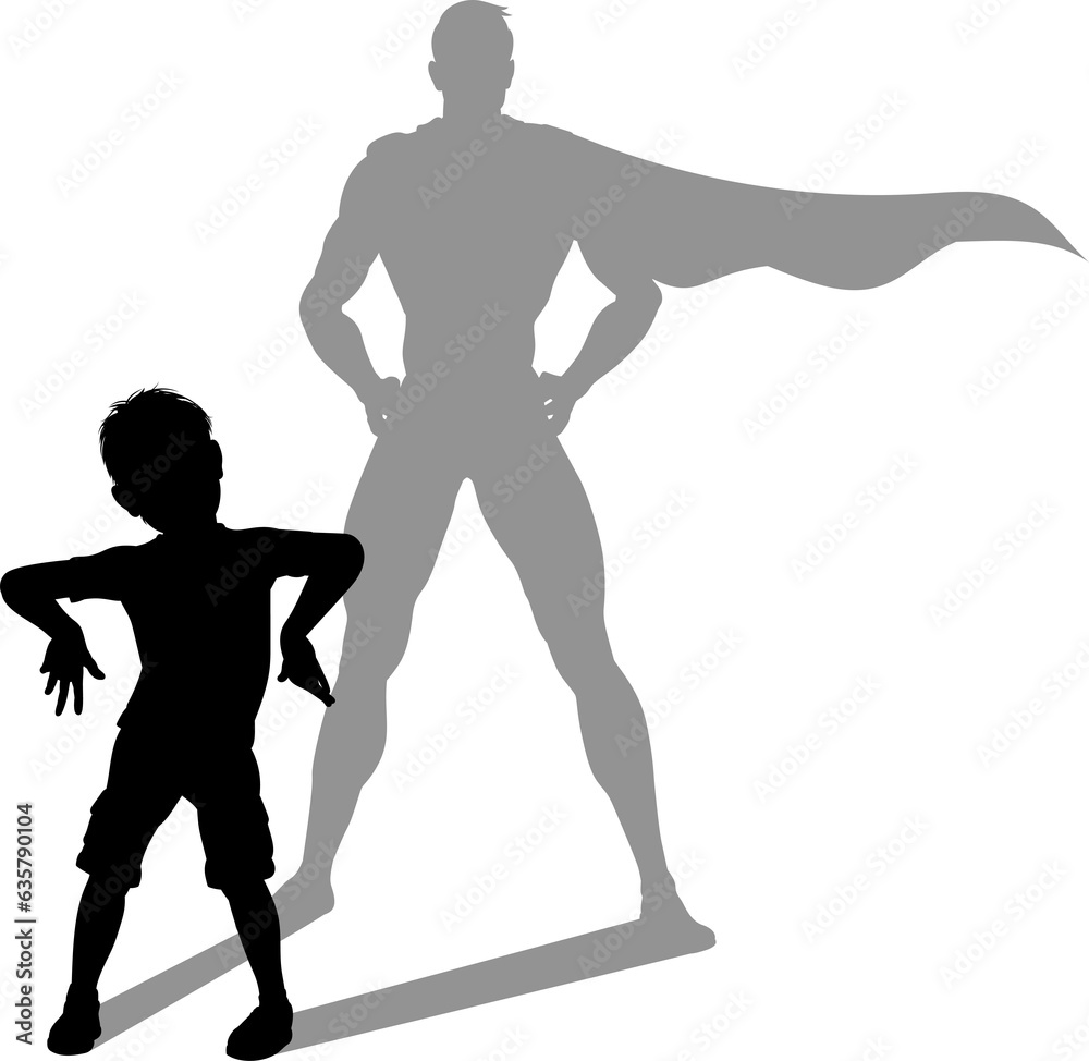 Superhero Child Kid With Super Hero Shadow Superhero Child Kid With Super Hero Shadow