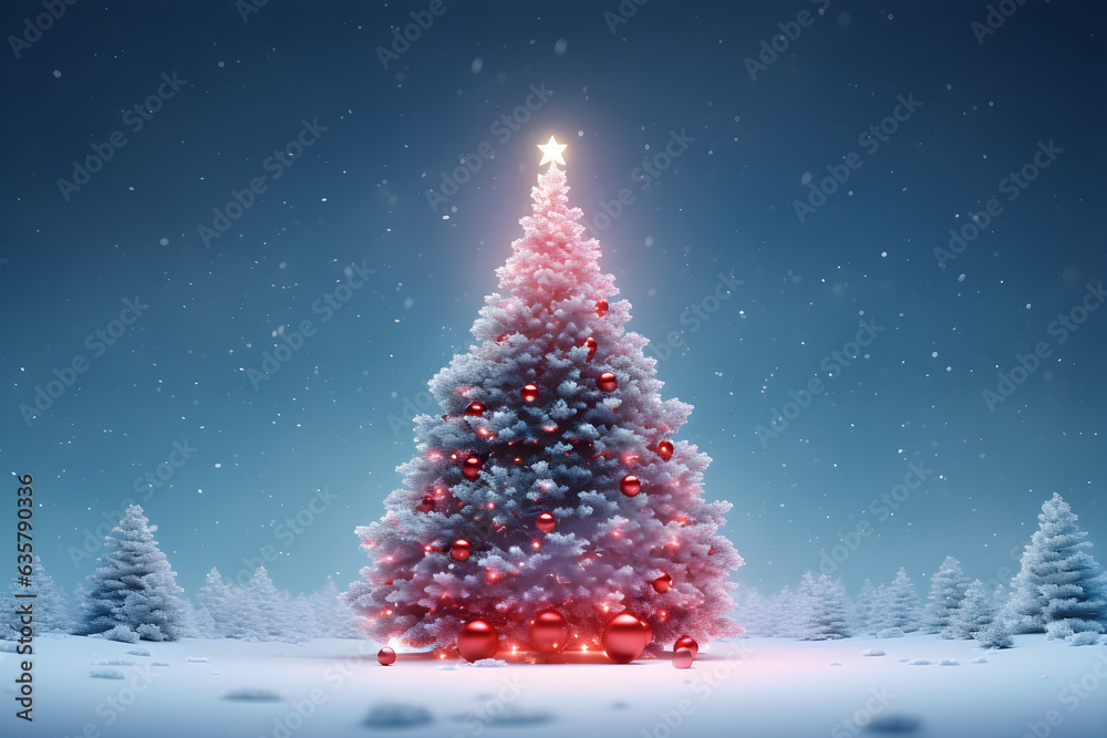 Christmas trees with winter forest landscape with snow background, Empty space, AI generate