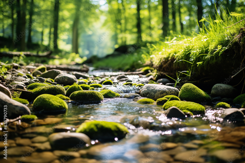 A brook that flows through a forest, and on its banks a lot of greenery