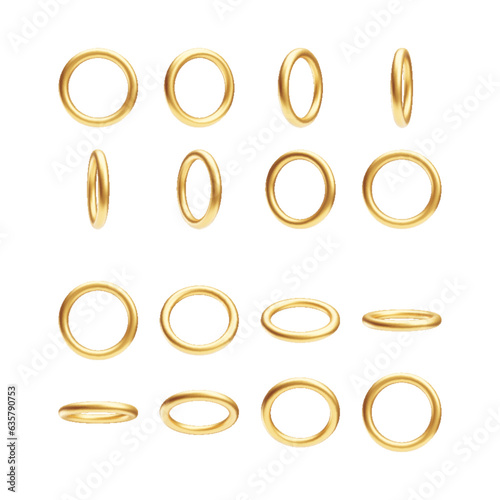 3d golden rings, decorative design elements, accessories from different sides set. Round shaped shiny metallic objects realistic vector illustration on white background