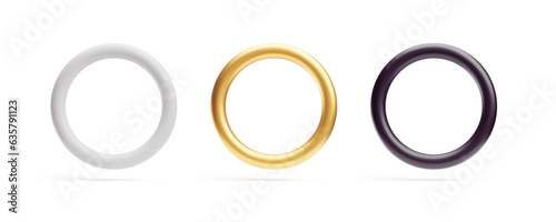 Golden, silver, bronze rings set, 3d accessories, geometric shapes. Front view round shaped metallic objects, decorative design elements realistic vector illustration on white background