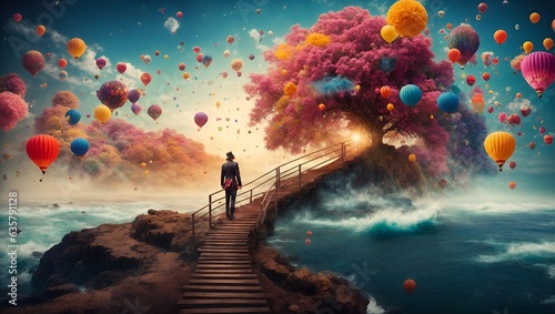 A man ascending a stairway towards a whimsical tree adorned with colorful balloons photo