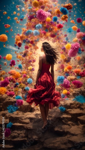 A woman in a vibrant red dress posing in front of a colorful wall of pom poms