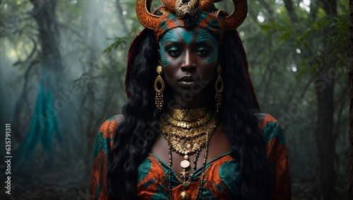 A woman with a horned headdress standing in a mystical forest
