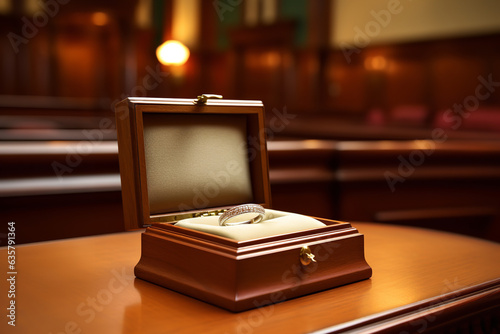 An wedding ring box lies open on a courtroom table, hinting at the legal proceedings and emotional journey of divorce © Davivd