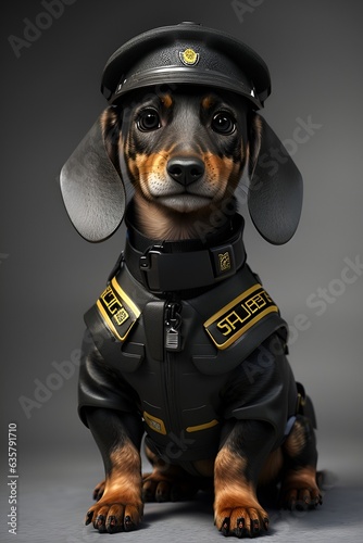 A dachshund wearing a police uniform, ready to save the day