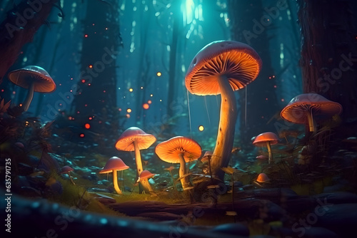 Mushroom glows in the forest  Made with Generative AI