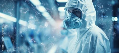 Scientist wearing full protective mask working on research at blurred laboratory background. Generative AI technology.