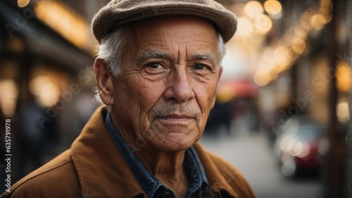 An elderly man wearing a hat walking along a bustling city street