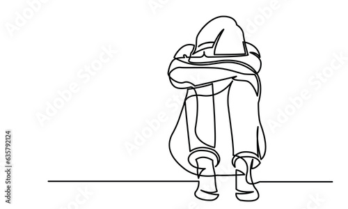 Continuous line drawings of a young woman's sad emotional shock, loss, grief, life problems, confusion messy feelings worried about bad mental health. The concept of failure and heartbreak is isolated