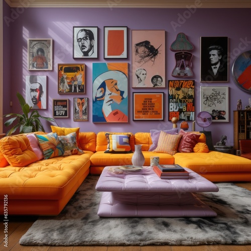 Maximalist and eclectic interior of a large living room with a corner sofa and paintings on the walls. Light yellow and lavender tones. photo