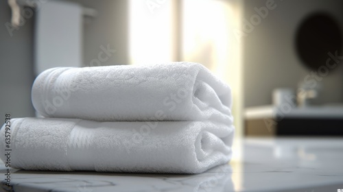 White two soft towels on white tabletop in bathroom