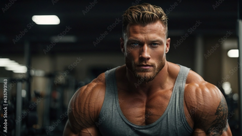 A bearded man working out in a gym wearing a tank top A bearded man working out in a gym wearing a tank top