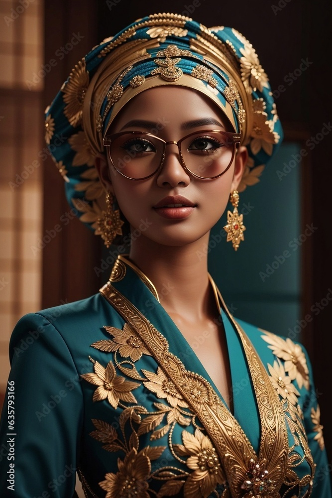 Fototapeta premium A woman wearing a stunning blue and gold outfit