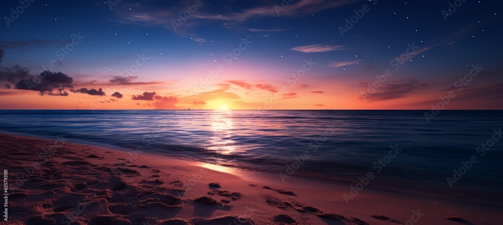 Beautiful sky sunset beach coast background. Generative AI technology.